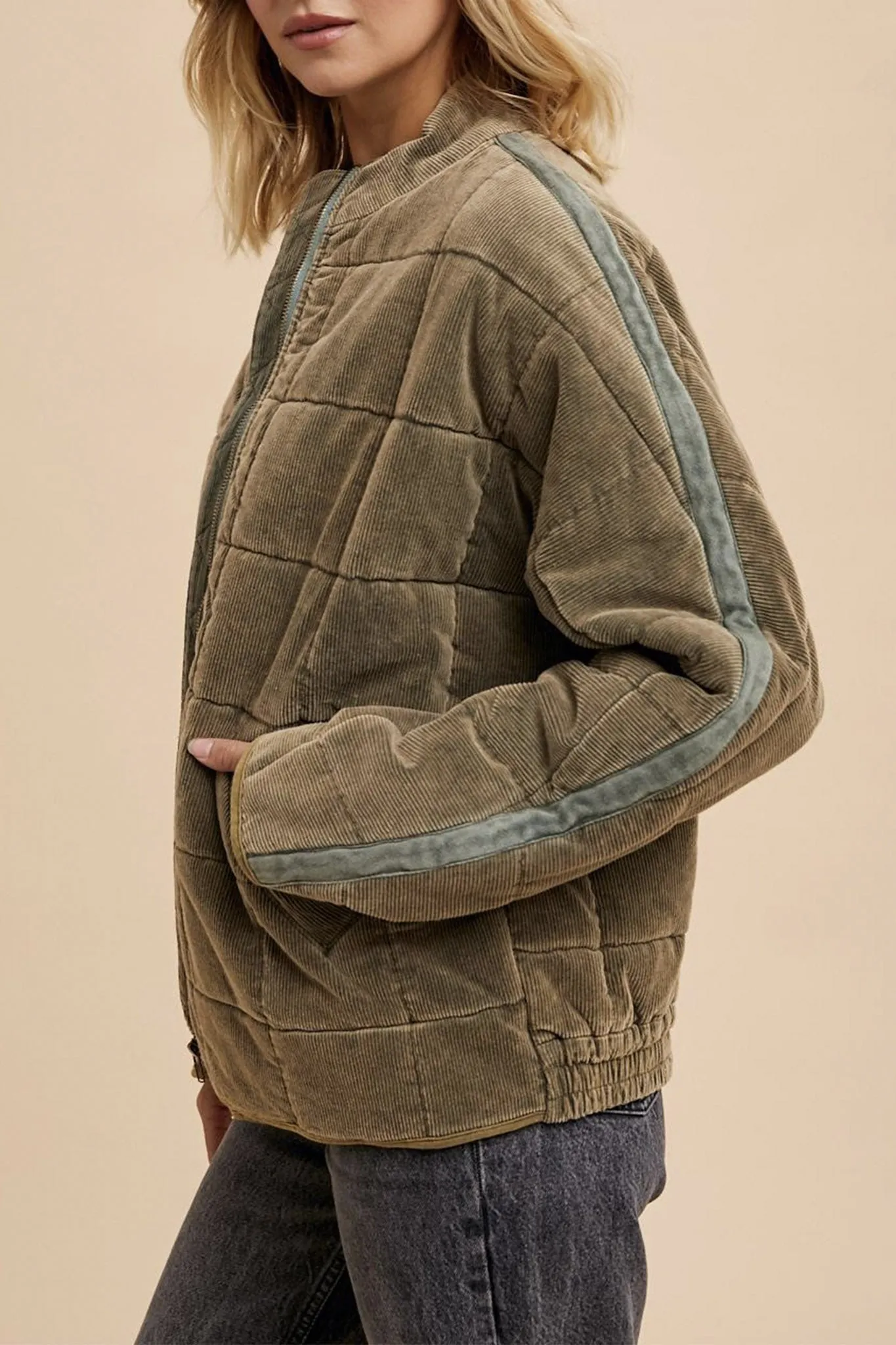 Corduroy Quilted Puffer Jacket in Olive