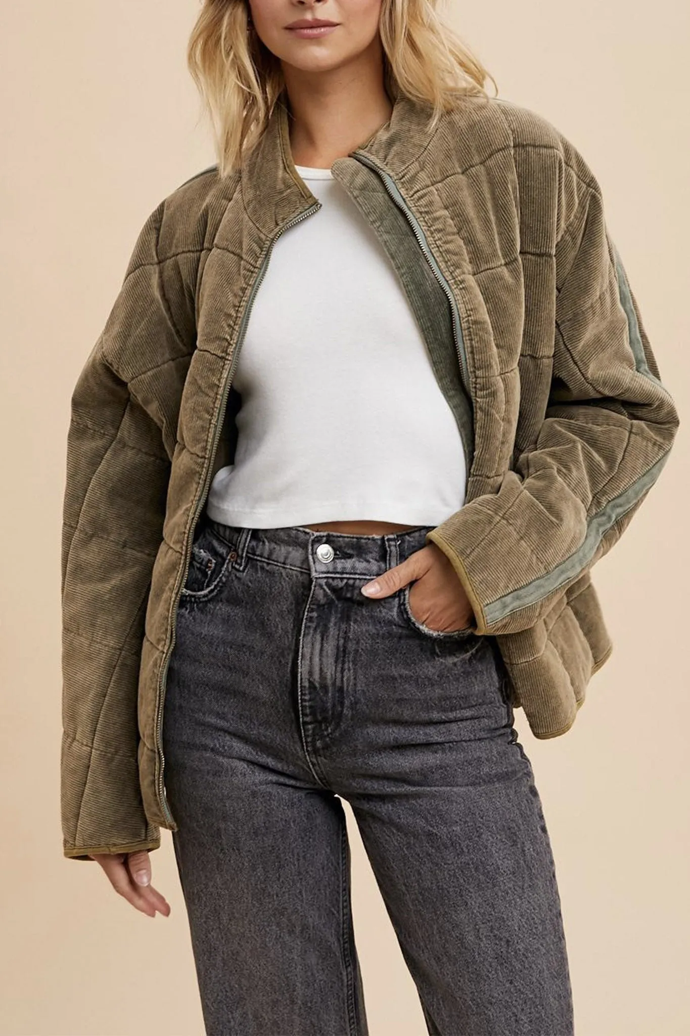 Corduroy Quilted Puffer Jacket in Olive