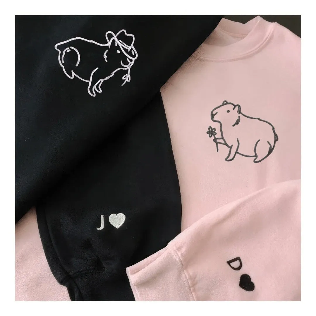 Cowboy & Gentle Capybara Matching Couple Sweatshirts - Personalized Embroidered Sweatshirts For Couples