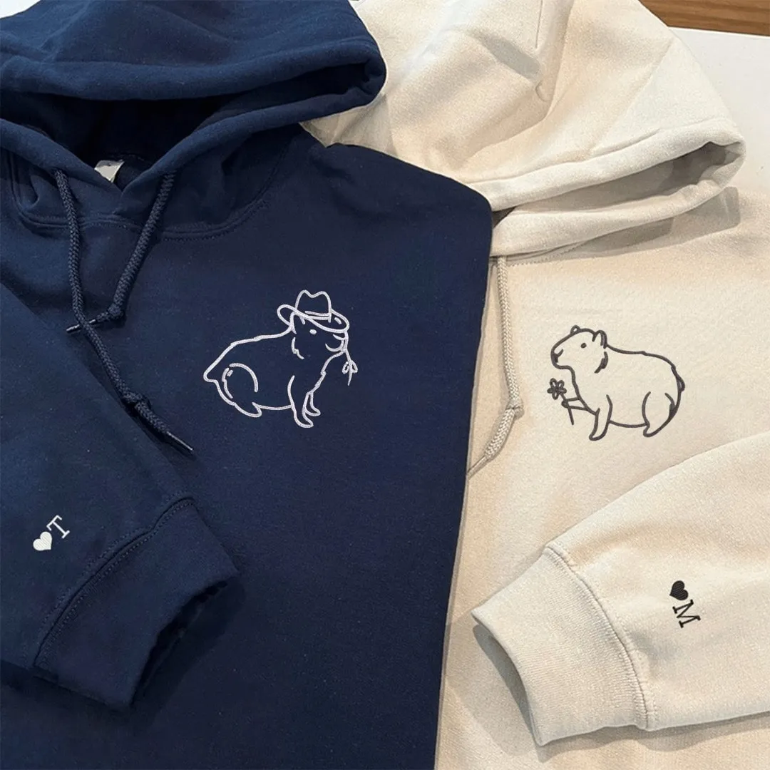 Cowboy & Gentle Capybara Matching Couple Sweatshirts - Personalized Embroidered Sweatshirts For Couples