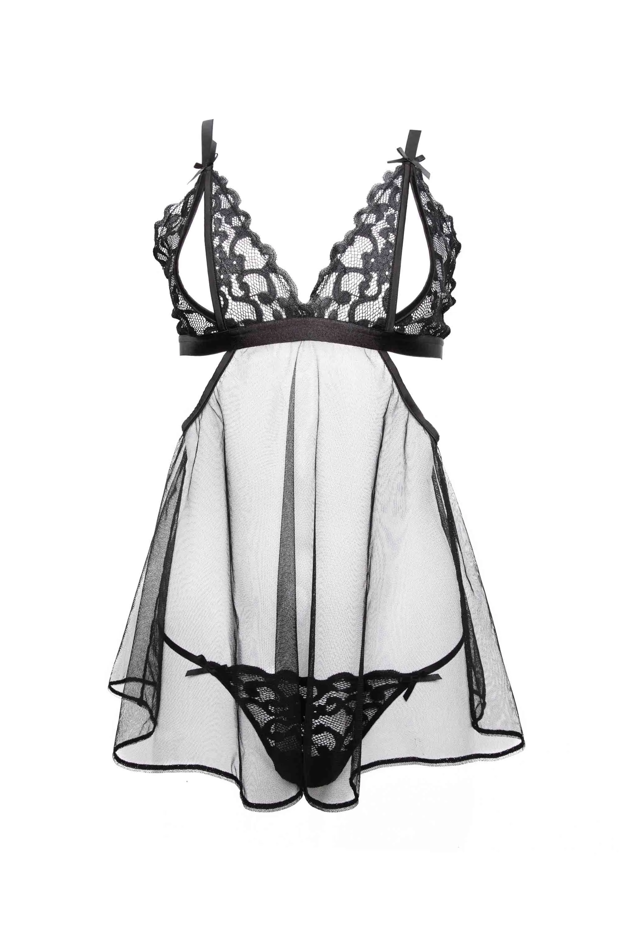 Dreamland Black Embroidered Peep Babydoll and Thong Set