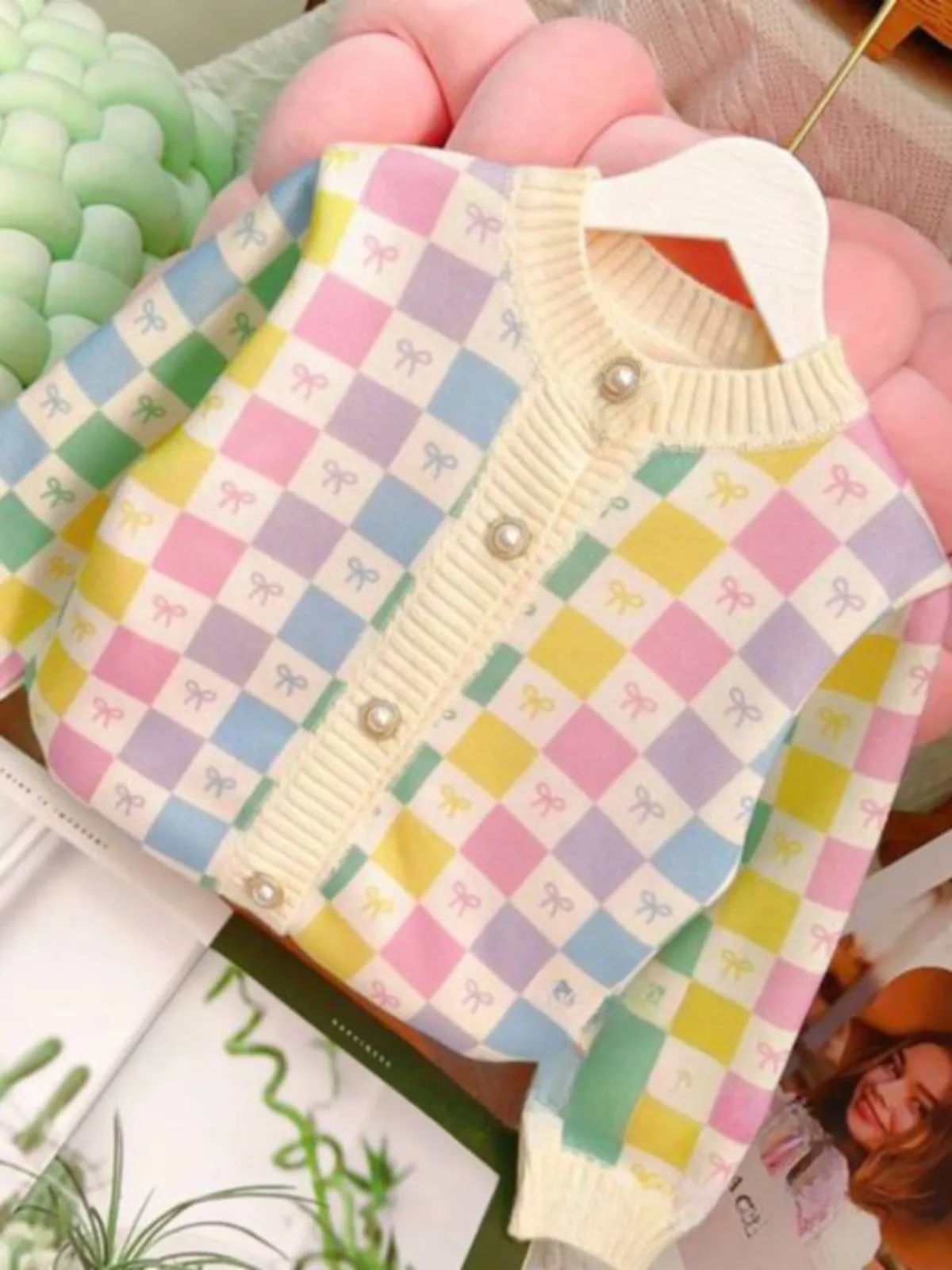 Dress For Happiness Checkered Pastel Knit Cardigan