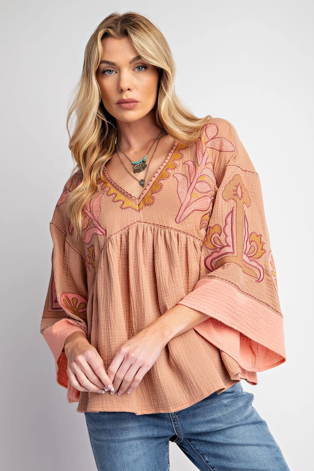 Easel Embroidery Detail Babydoll Top