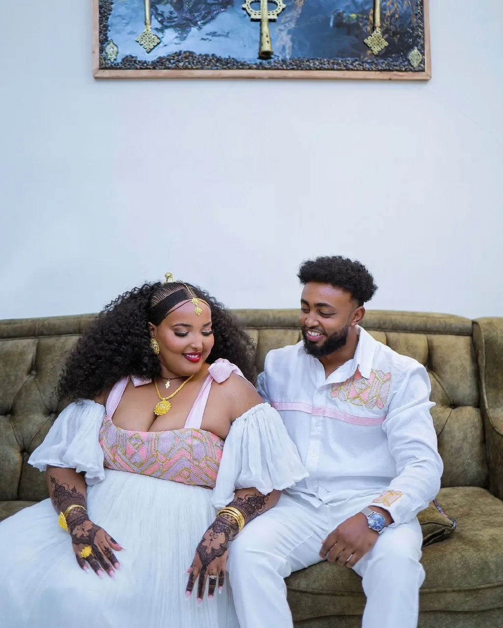 Elegant Light Pink Habesha Couples Outfit with Beautiful Design Ethiopian Couples Outfit