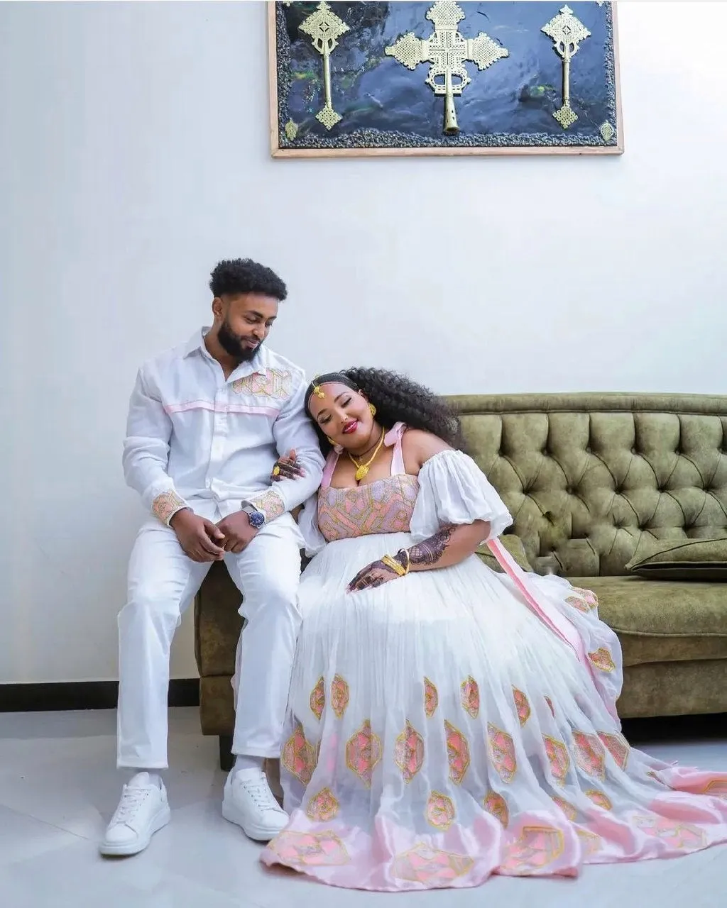Elegant Light Pink Habesha Couples Outfit with Beautiful Design Ethiopian Couples Outfit