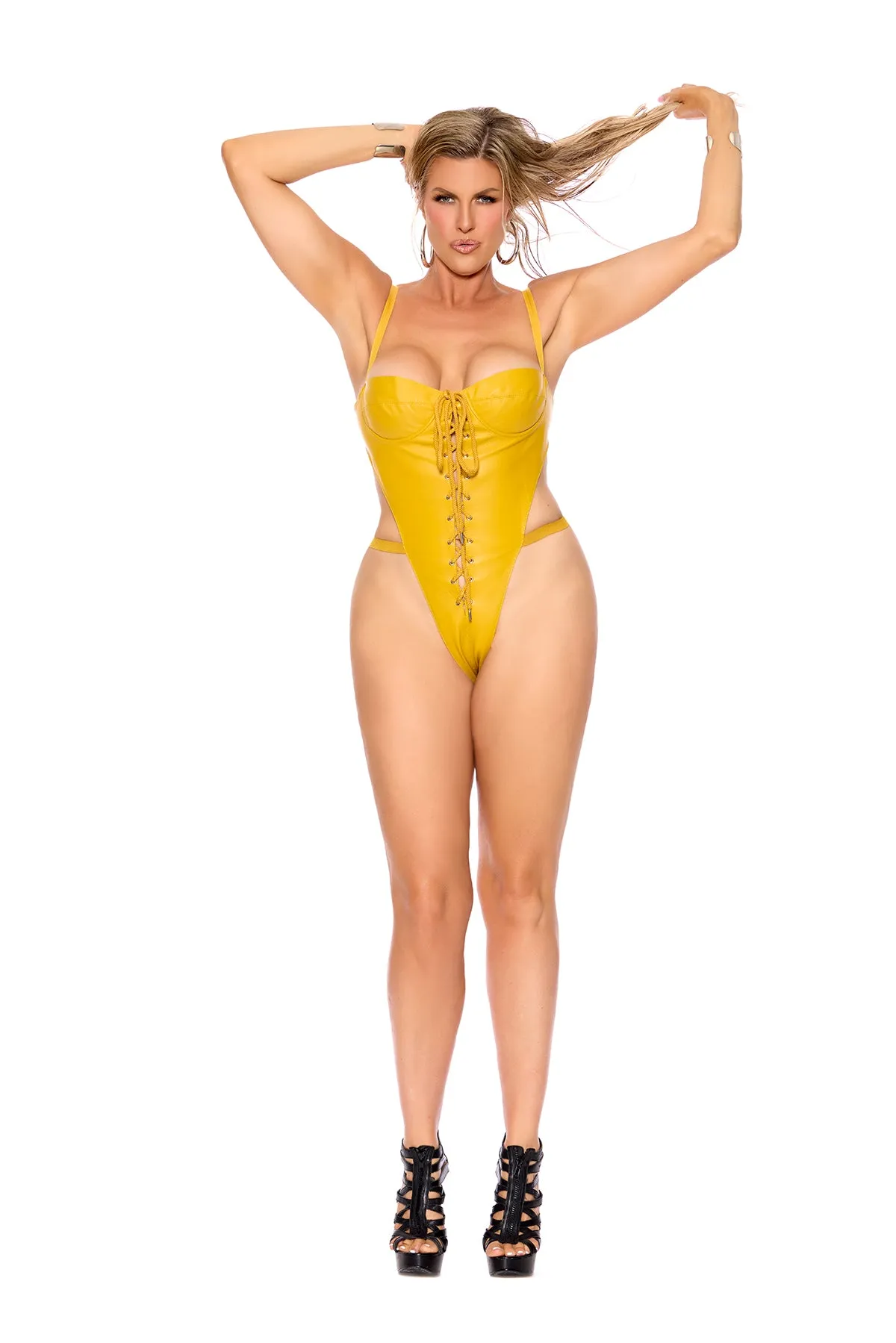 Elegant Moments Leather Teddy With Lace Up Front, Underwire Cups, Adjustable Straps And String Back