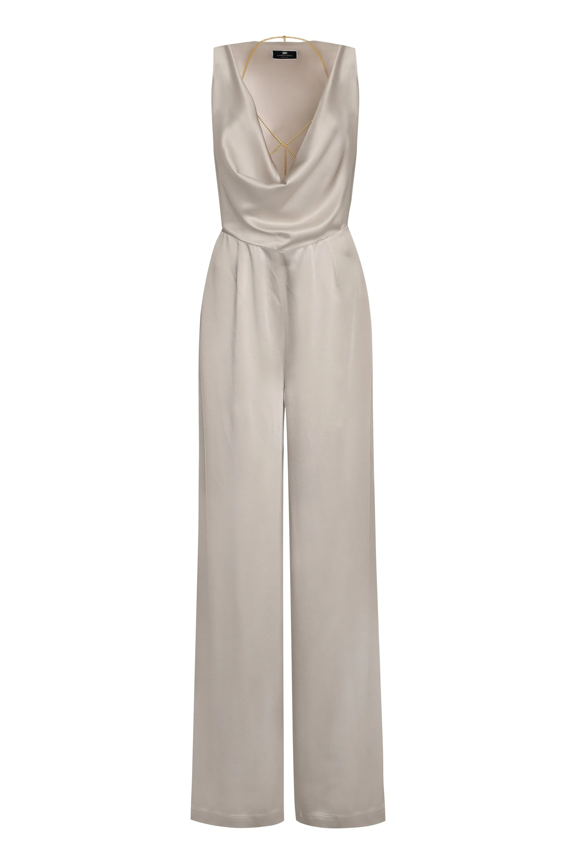 ELISABETTA FRANCHI Pearl Fluid Crepe Jumpsuit with Gold Bra Accessory