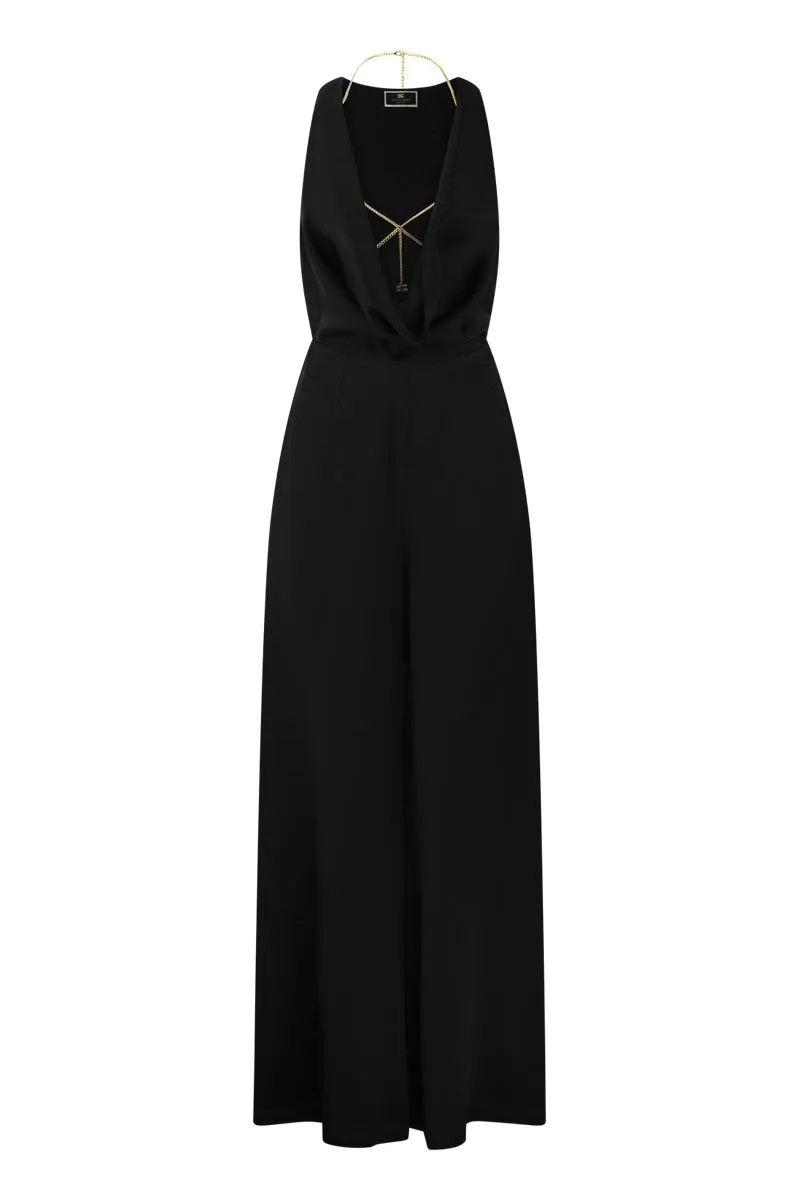 ELISABETTA FRANCHI Pearl Fluid Crepe Jumpsuit with Gold Bra Accessory