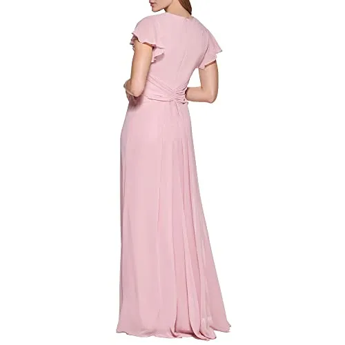Eliza J Women's Gown Style Twist Waist Chiffon Flutter Sleeve Beaded Vneck Dress, Storm