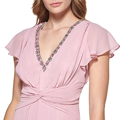 Eliza J Women's Gown Style Twist Waist Chiffon Flutter Sleeve Beaded Vneck Dress, Storm
