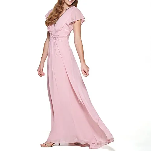 Eliza J Women's Gown Style Twist Waist Chiffon Flutter Sleeve Beaded Vneck Dress, Storm