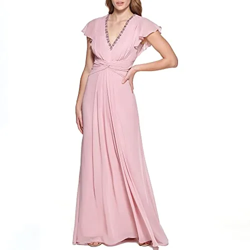Eliza J Women's Gown Style Twist Waist Chiffon Flutter Sleeve Beaded Vneck Dress, Storm