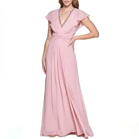 Eliza J Women's Gown Style Twist Waist Chiffon Flutter Sleeve Beaded Vneck Dress, Storm