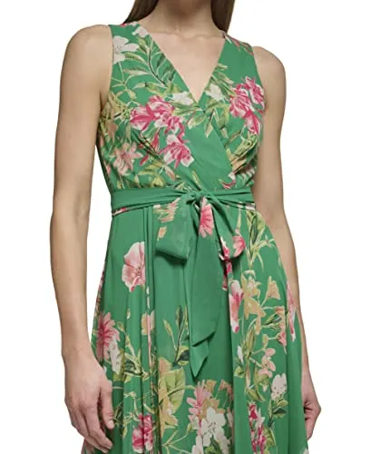 Eliza J Women's Surplus Hi Lo Maxi Style Printed Chiffon Sleeveless Vneck Floral Dress, Green