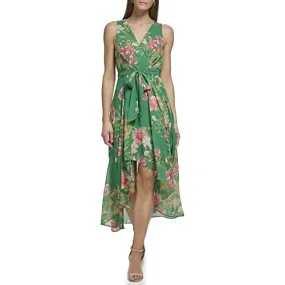 Eliza J Women's Surplus Hi Lo Maxi Style Printed Chiffon Sleeveless Vneck Floral Dress, Green