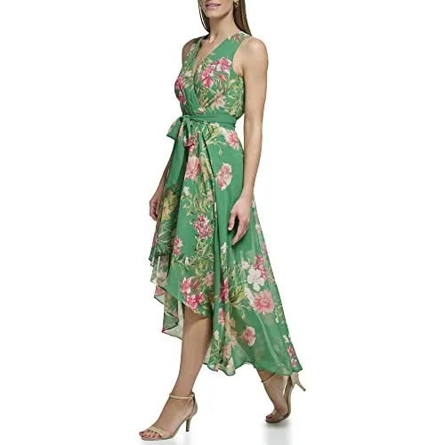 Eliza J Women's Surplus Hi Lo Maxi Style Printed Chiffon Sleeveless Vneck Floral Dress, Green
