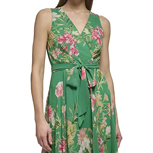 Eliza J Women's Surplus Hi Lo Maxi Style Printed Chiffon Sleeveless Vneck Floral Dress, Green