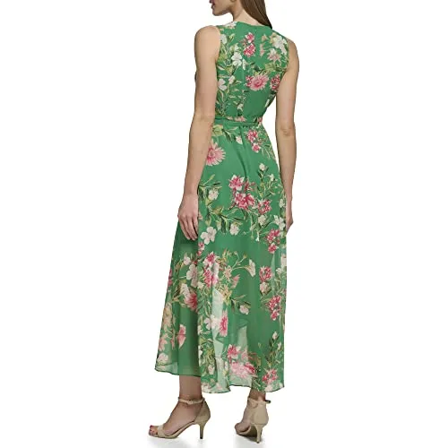Eliza J Women's Surplus Hi Lo Maxi Style Printed Chiffon Sleeveless Vneck Floral Dress, Green