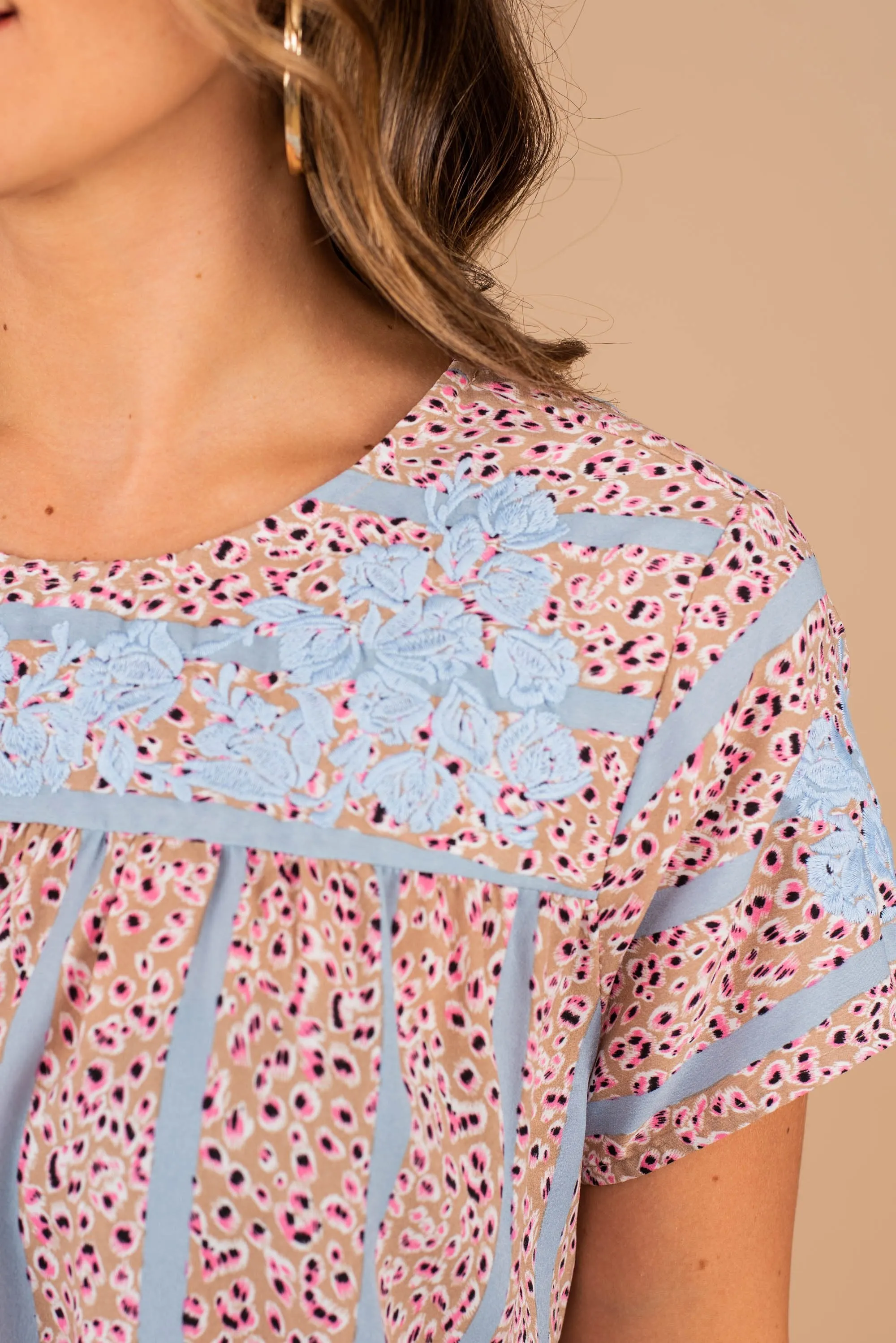 Forever Young Taupe Brown Embroidered Top