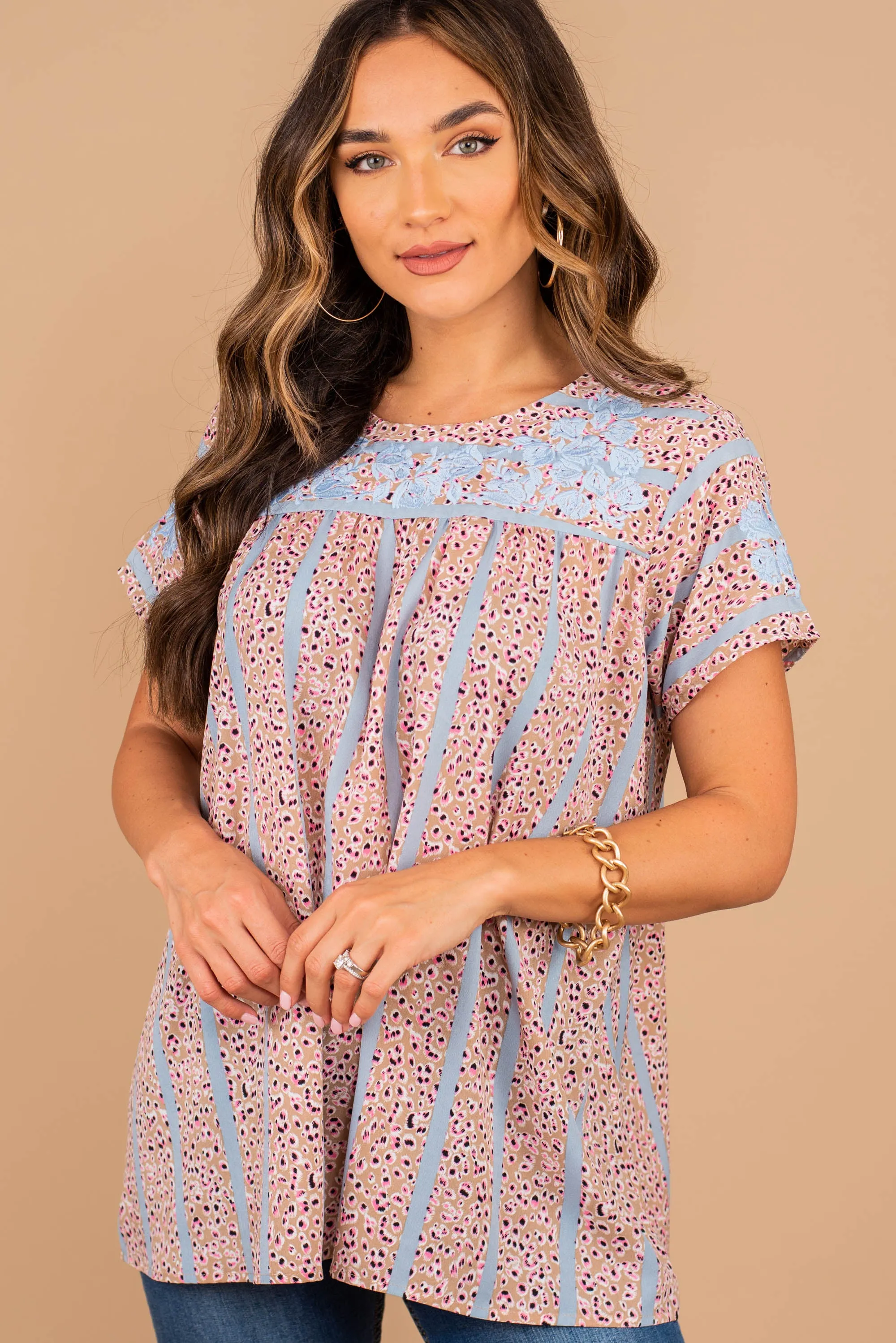 Forever Young Taupe Brown Embroidered Top
