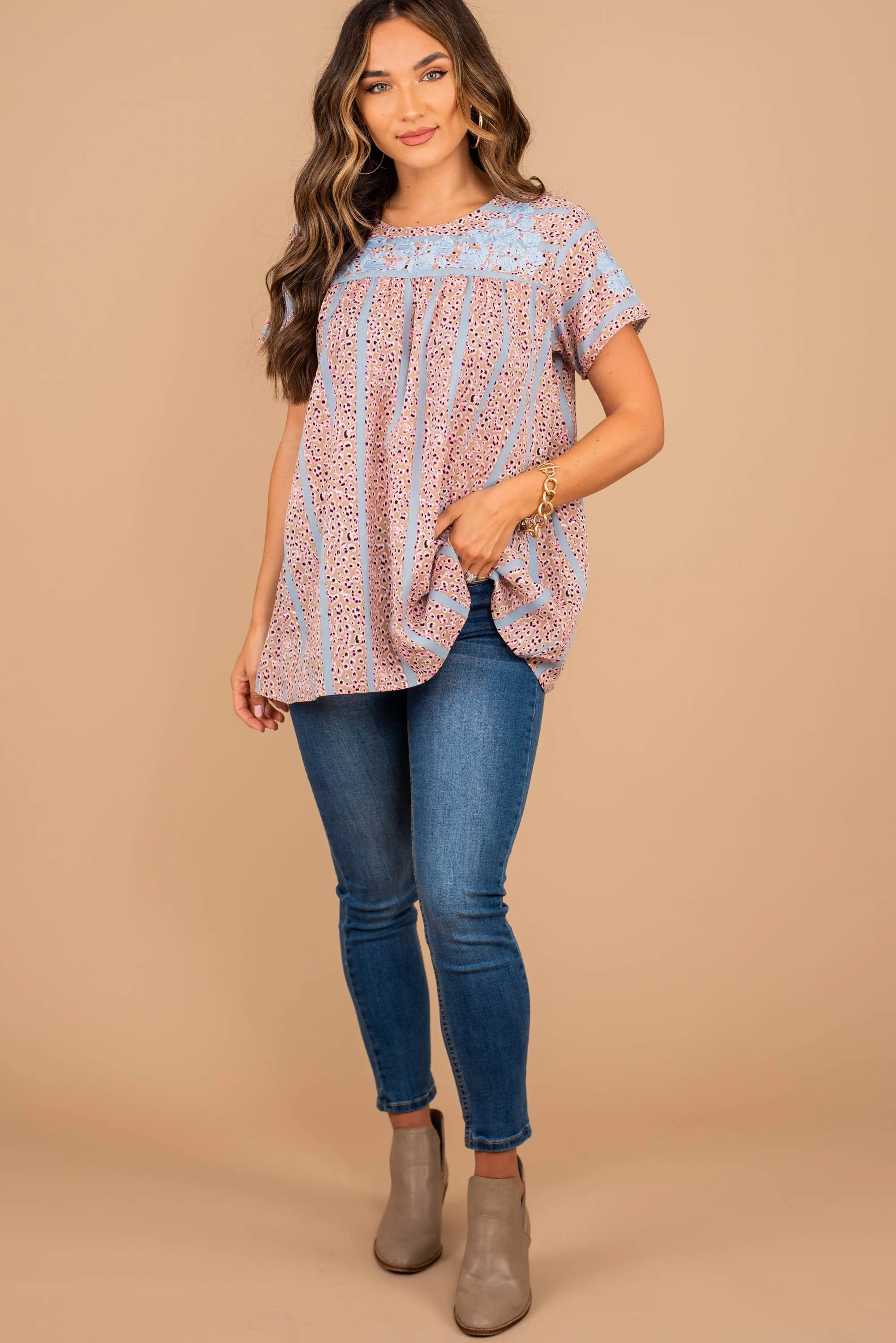 Forever Young Taupe Brown Embroidered Top