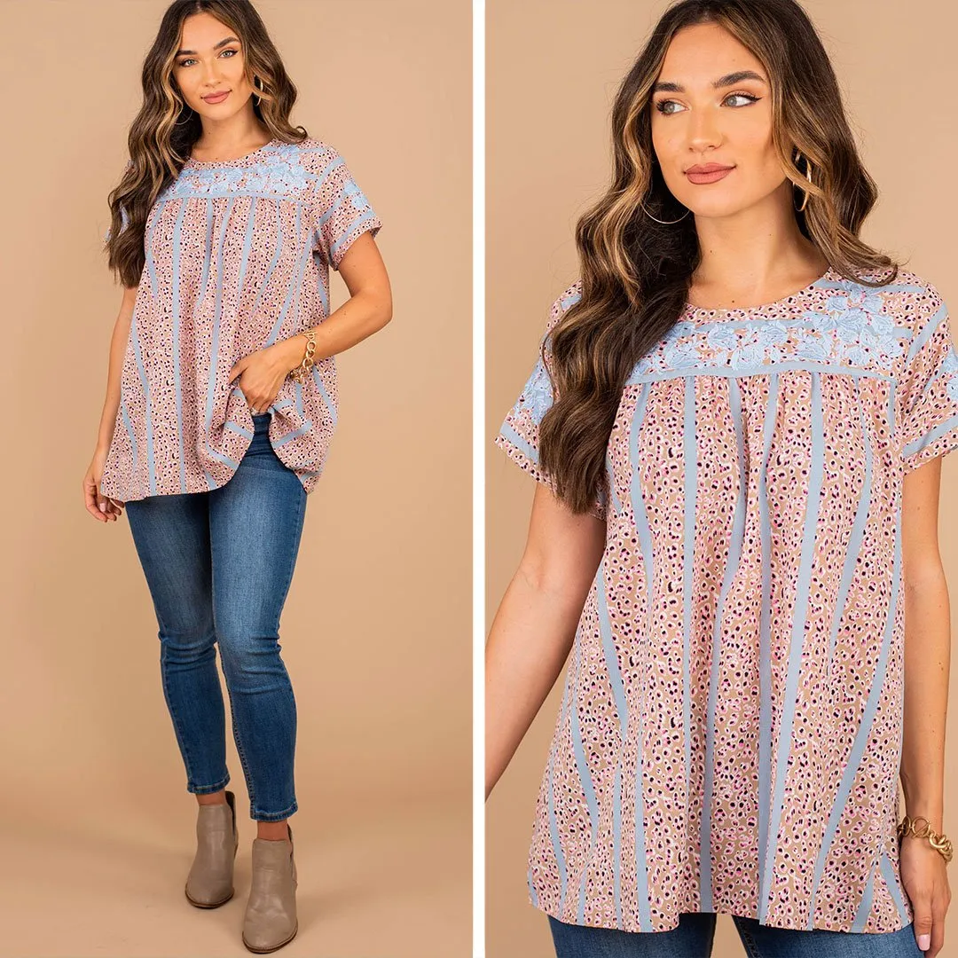 Forever Young Taupe Brown Embroidered Top