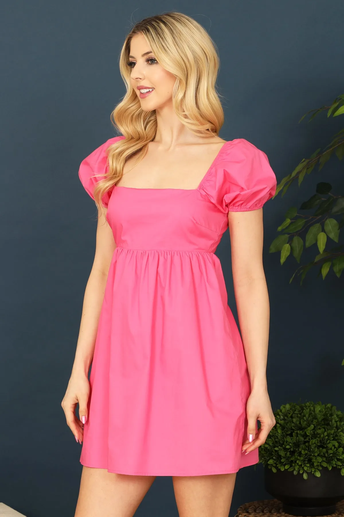 FUCHSIA BABYDOLL SHORT PUFF SLEEVE SOLID MINI DRESS 1-2-2-1