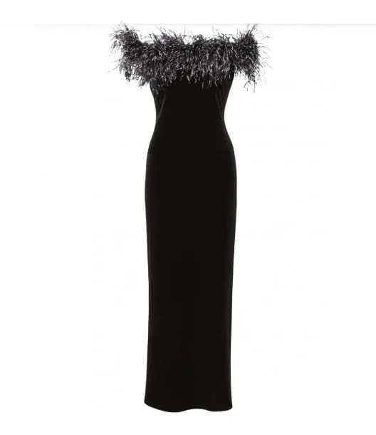 Gina Bacconi Black Winona Feather Trim Velvet Maxi Dress SRR3172