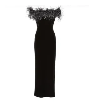 Gina Bacconi Black Winona Feather Trim Velvet Maxi Dress SRR3172