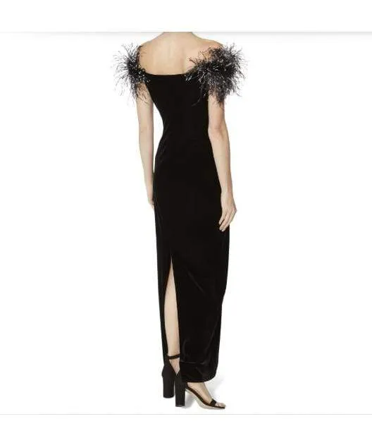 Gina Bacconi Black Winona Feather Trim Velvet Maxi Dress SRR3172