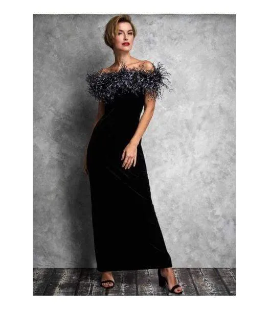 Gina Bacconi Black Winona Feather Trim Velvet Maxi Dress SRR3172