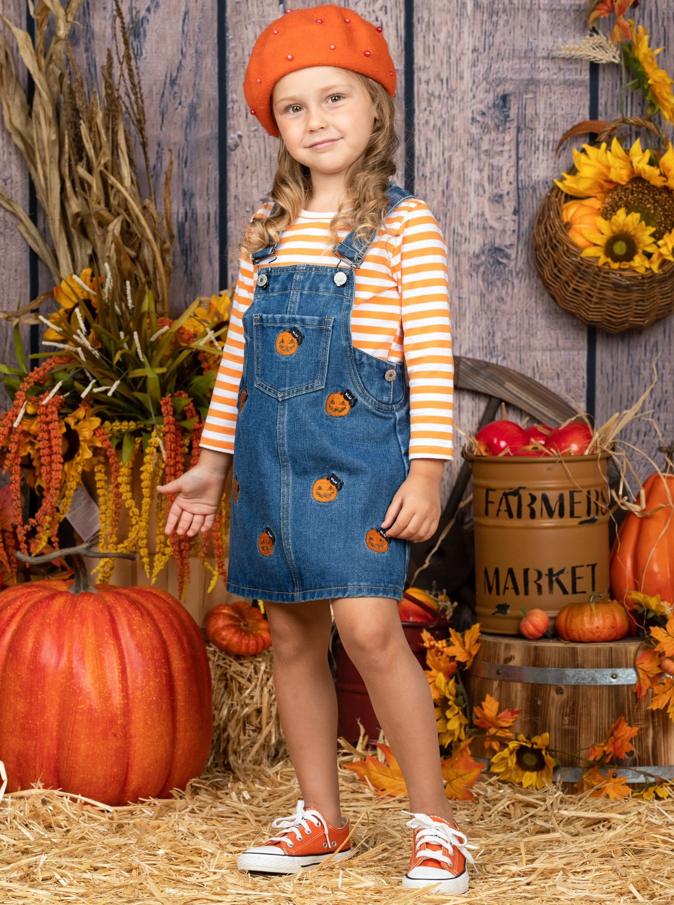 Girls BOO-Yah Striped Top with Embroidered Denim Overall Dress