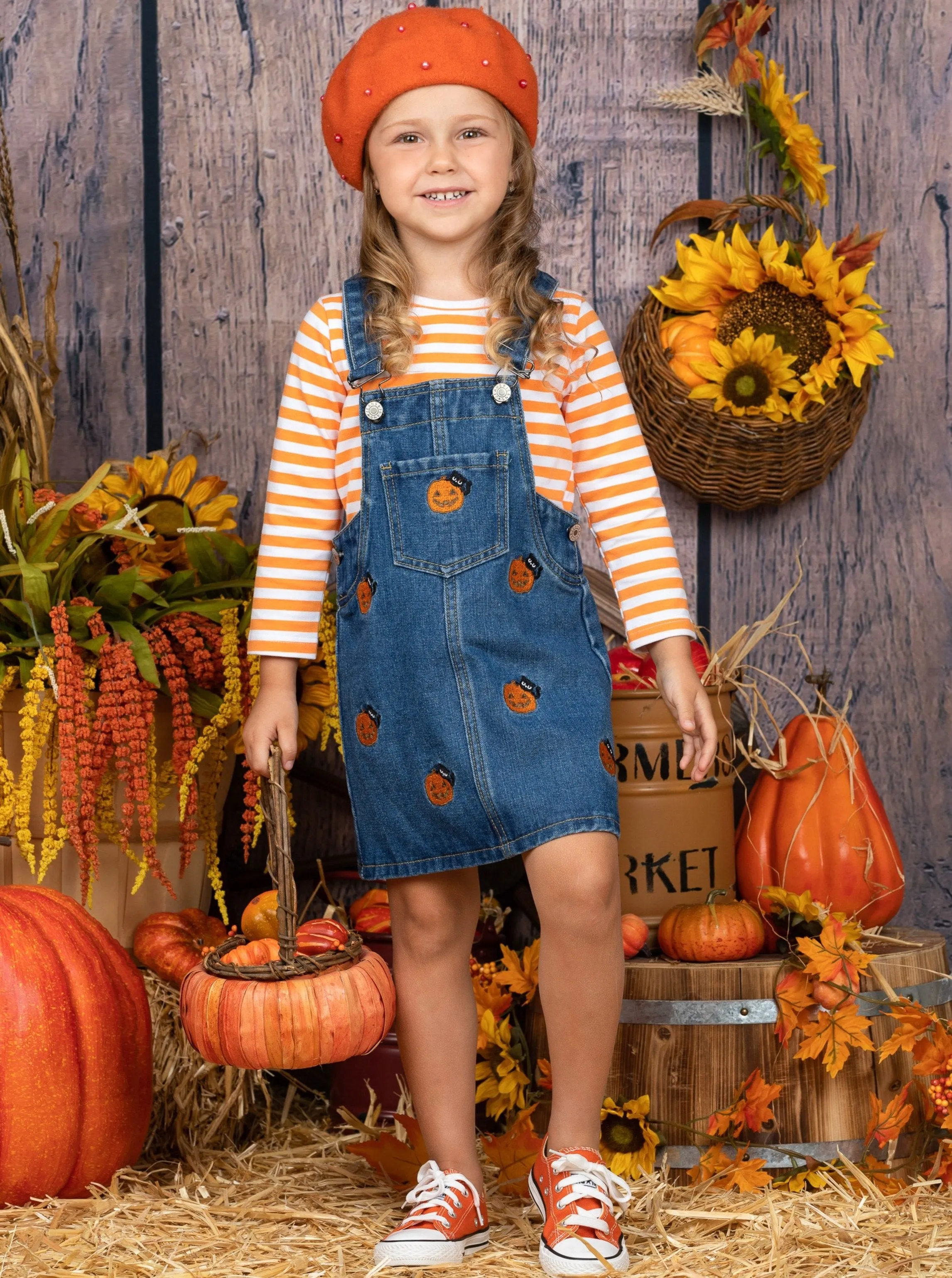 Girls BOO-Yah Striped Top with Embroidered Denim Overall Dress