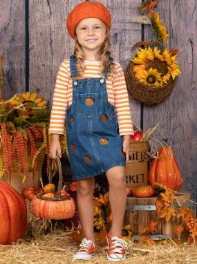 Girls BOO-Yah Striped Top with Embroidered Denim Overall Dress