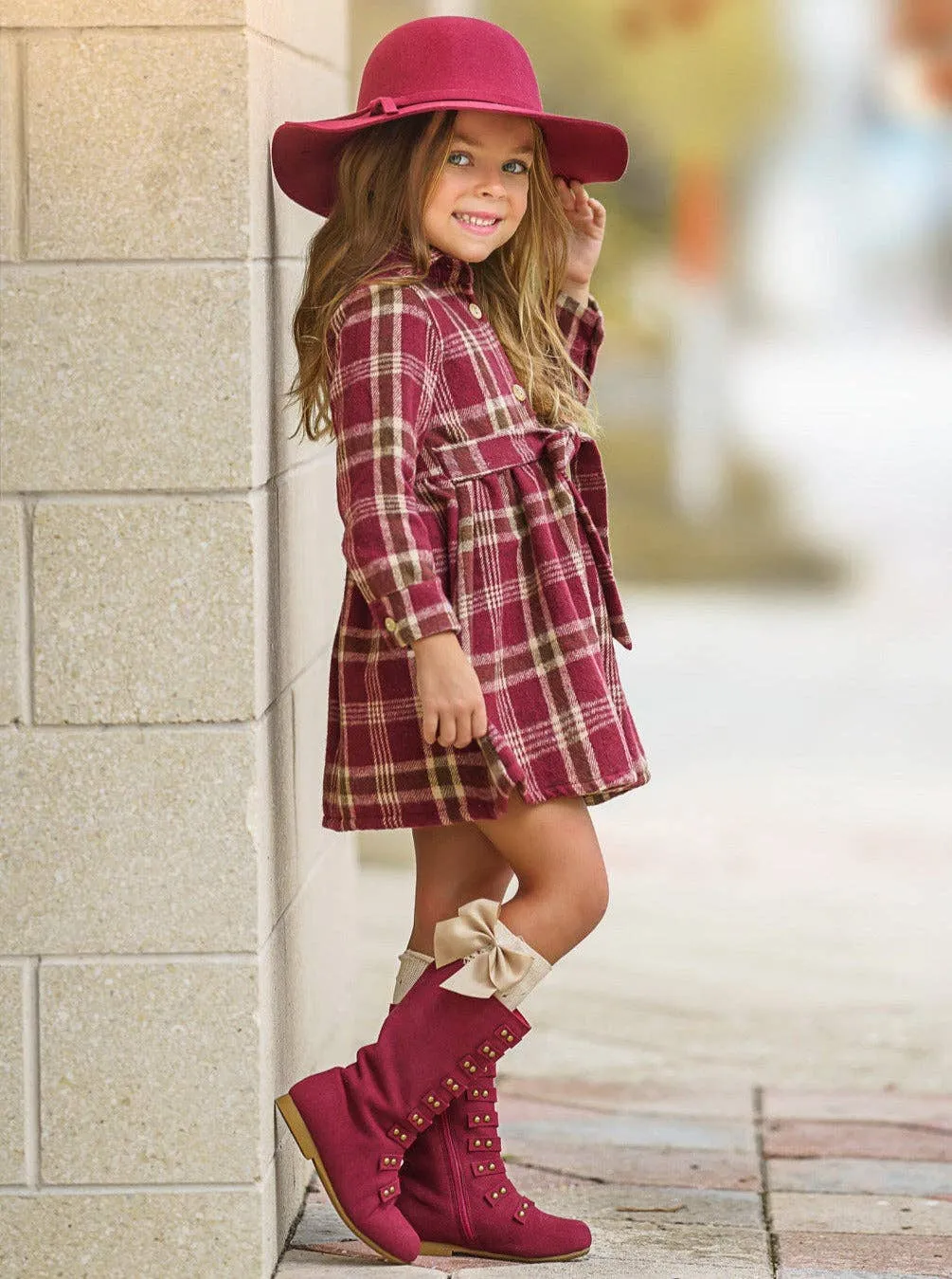 Girls Harvest Burgundy Flannel Dress