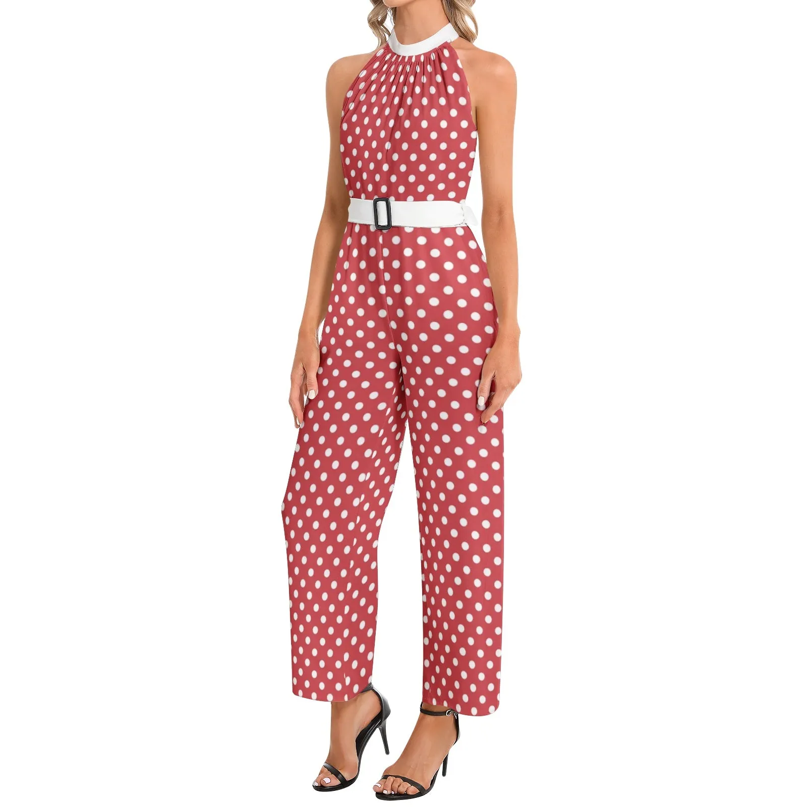 Halter Neck Buckle Belted Jumpsuit