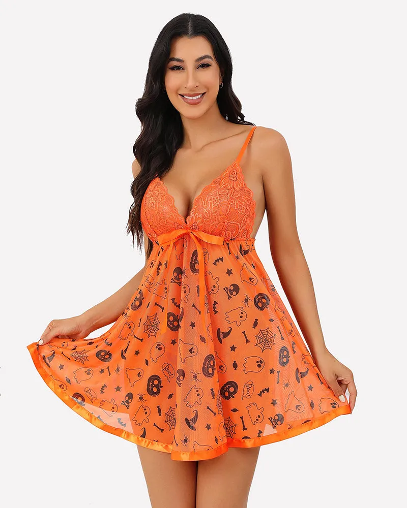 Heart Print Strap Lace Mesh Babydoll
