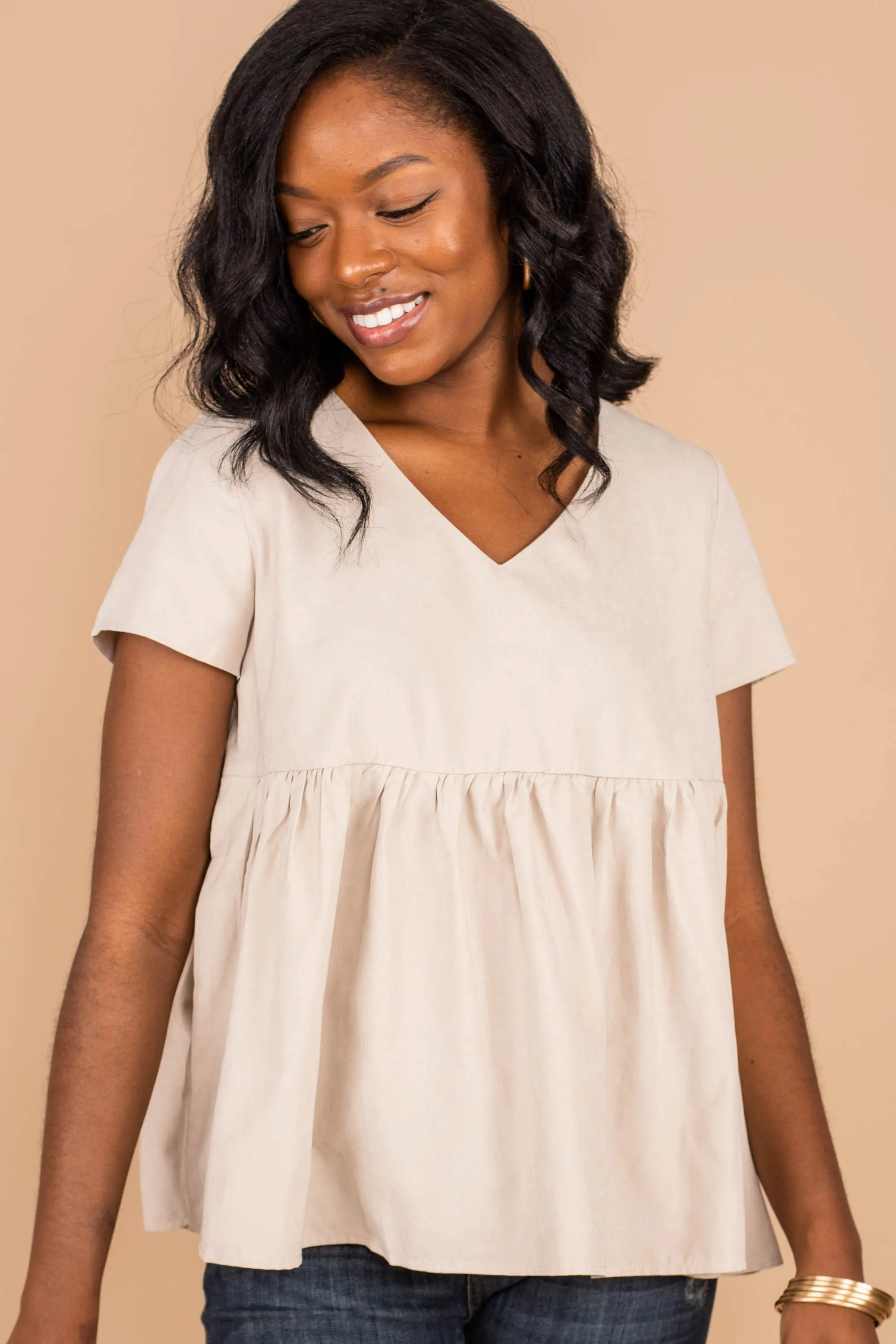 Helping Hand Champagne Brown Babydoll Top