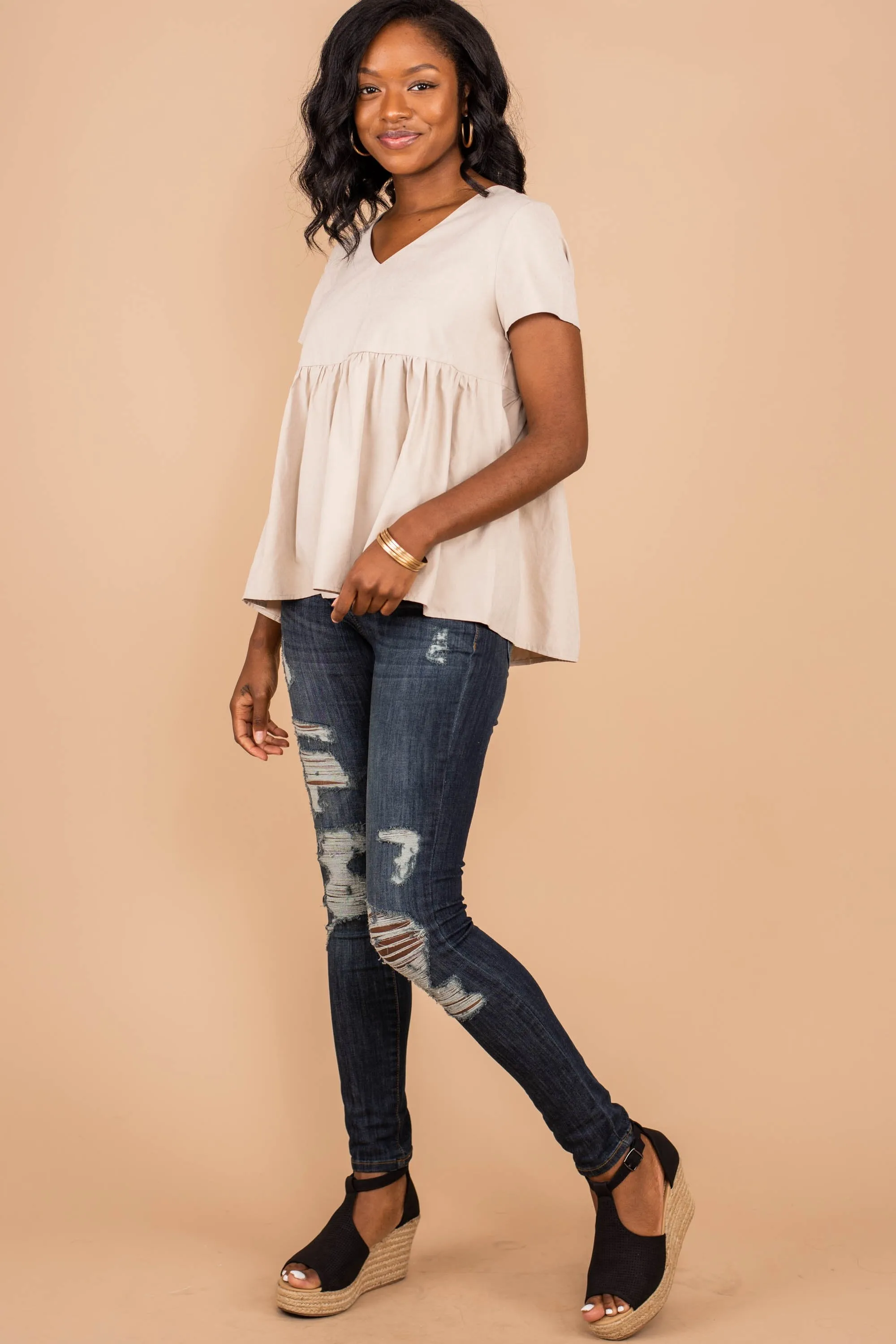 Helping Hand Champagne Brown Babydoll Top