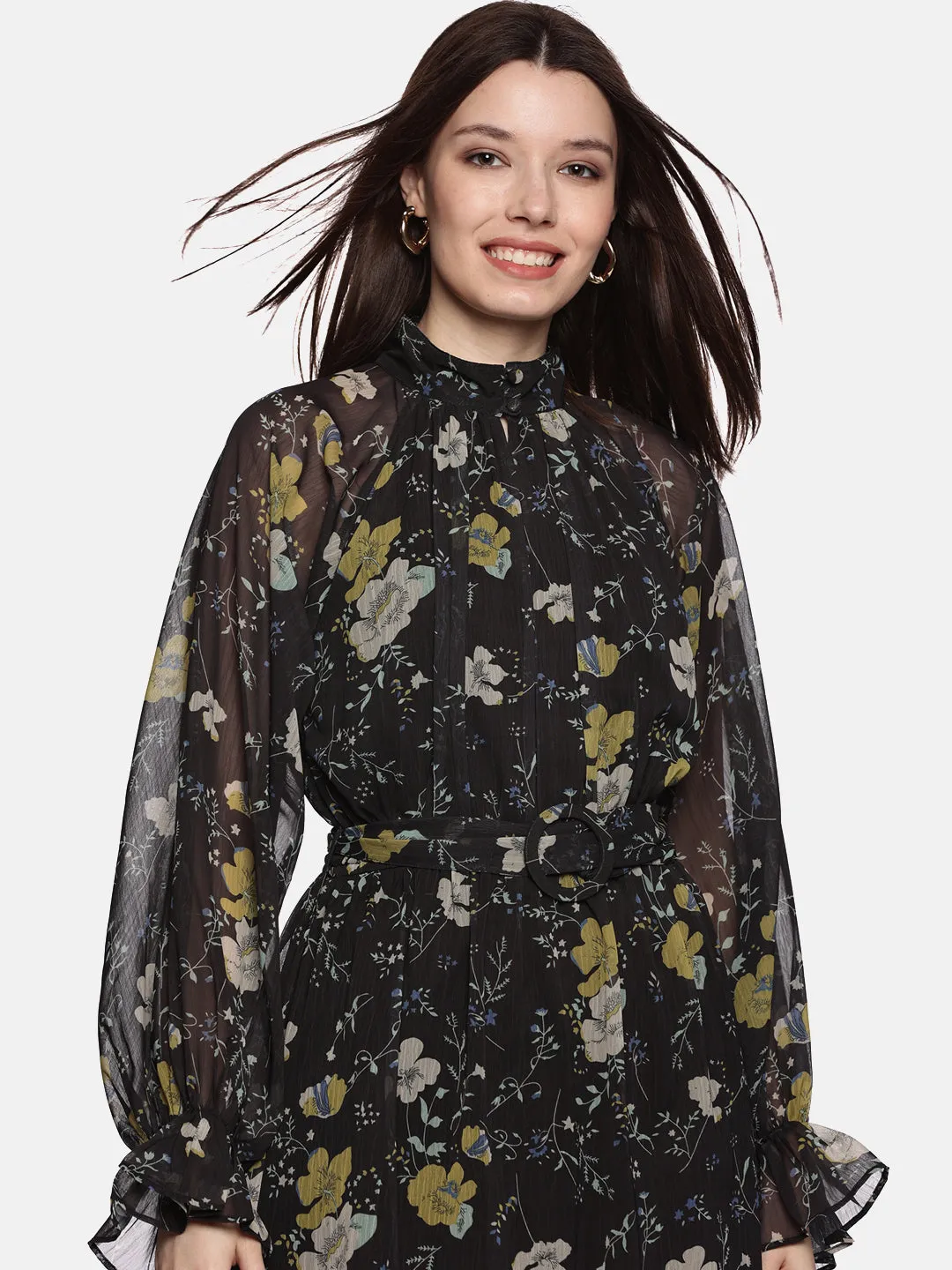 IS.U Floral Black Belted Blouson Sleeve Dress