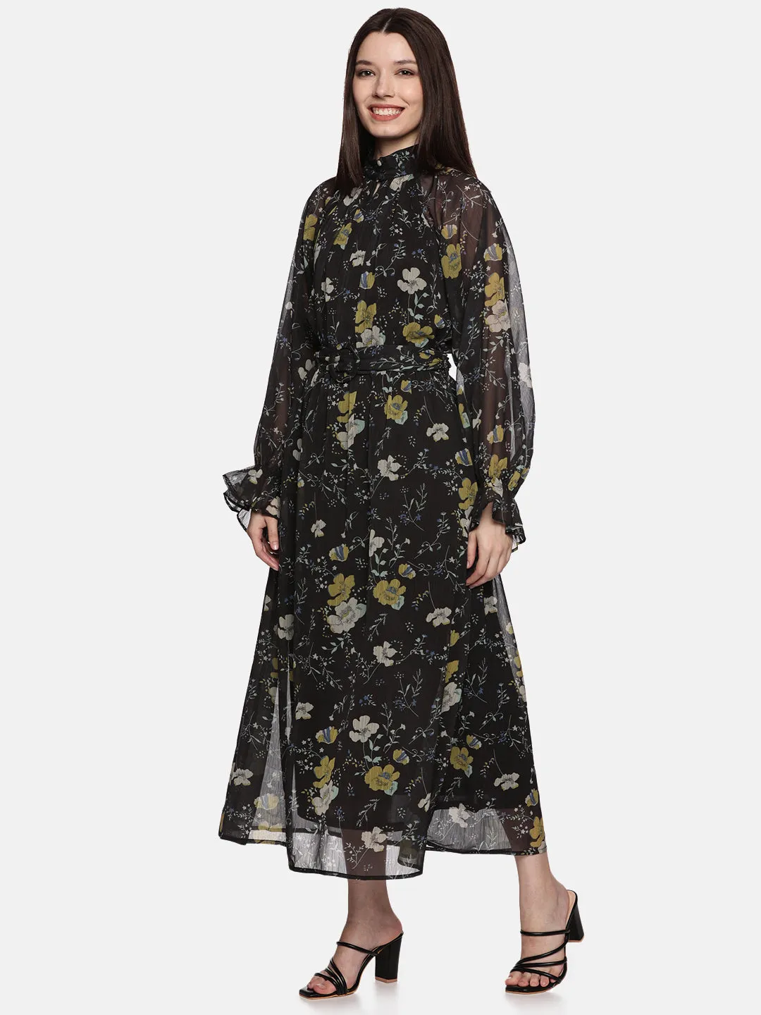 IS.U Floral Black Belted Blouson Sleeve Dress