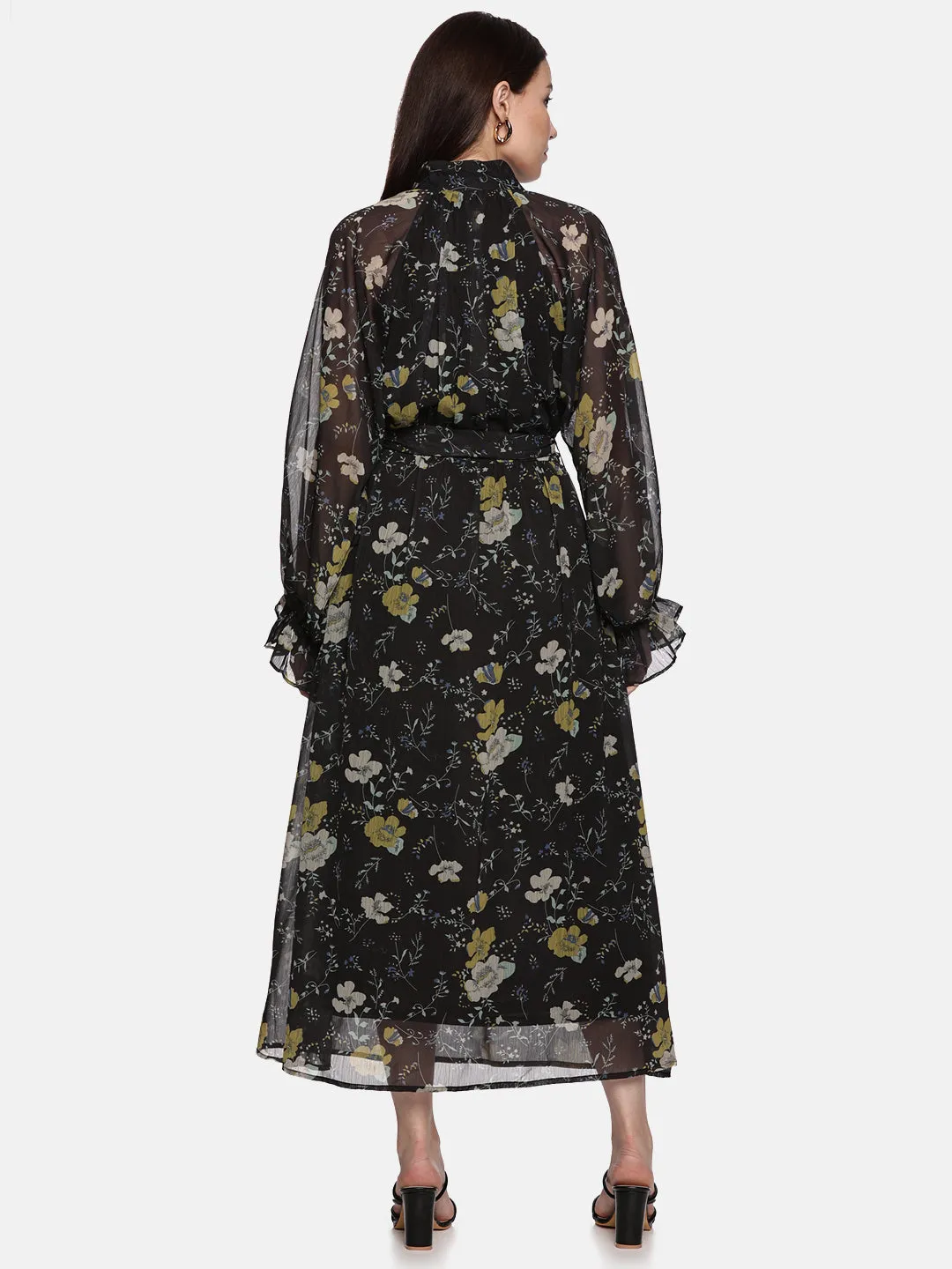 IS.U Floral Black Belted Blouson Sleeve Dress