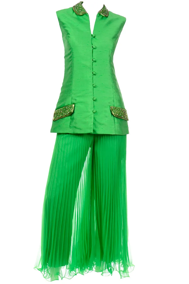 Jack Bryan by Dupuis Vintage Green Sleeveless Beaded Jacket & Pleated Palazzo Pants