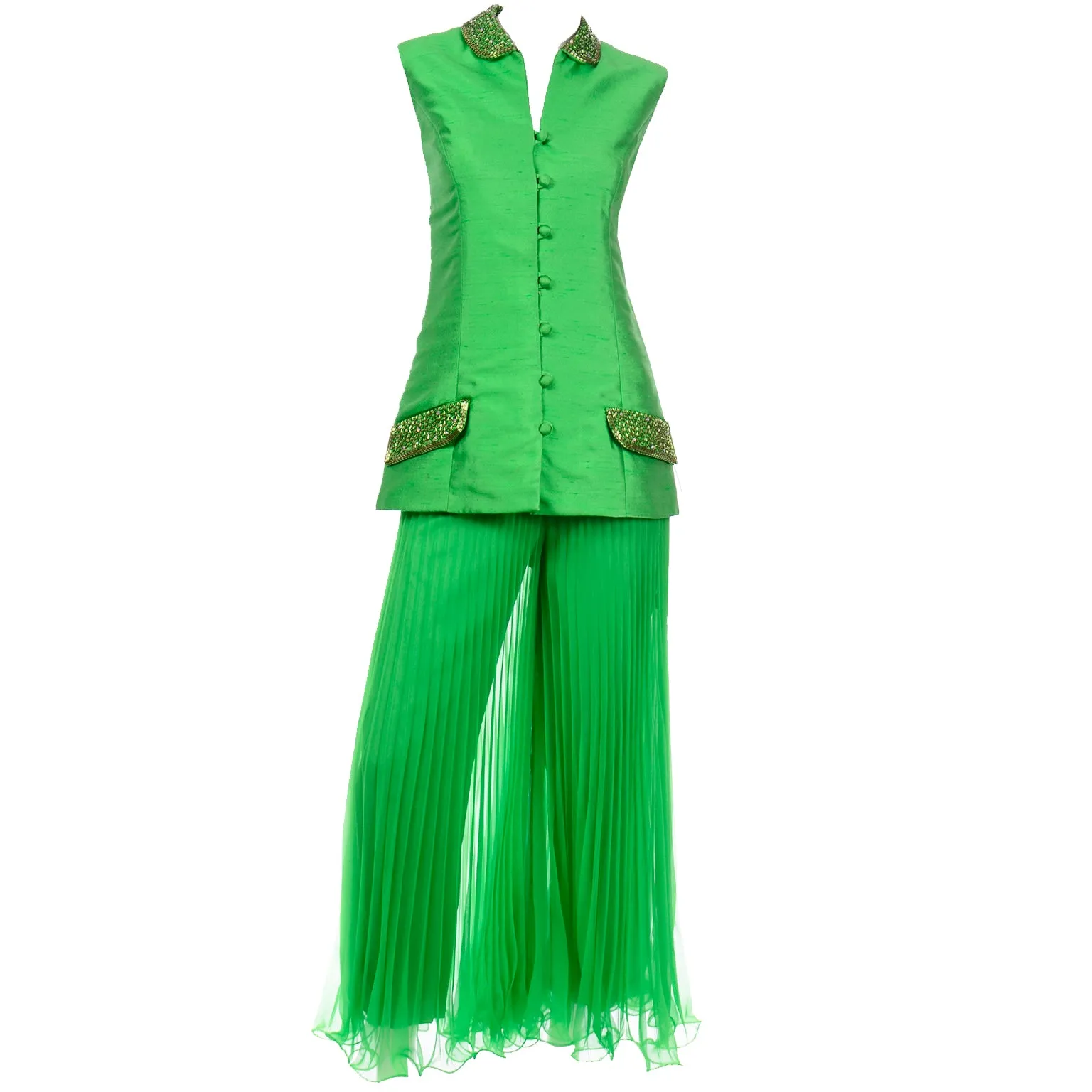 Jack Bryan by Dupuis Vintage Green Sleeveless Beaded Jacket & Pleated Palazzo Pants