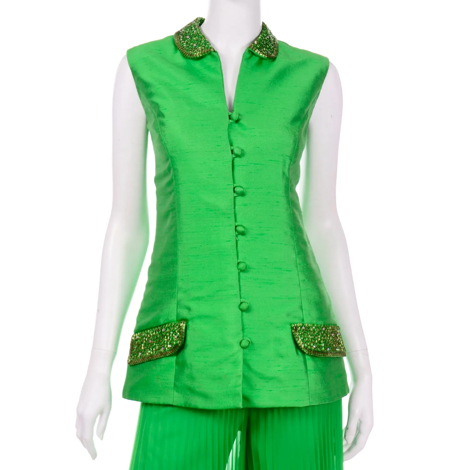 Jack Bryan by Dupuis Vintage Green Sleeveless Beaded Jacket & Pleated Palazzo Pants