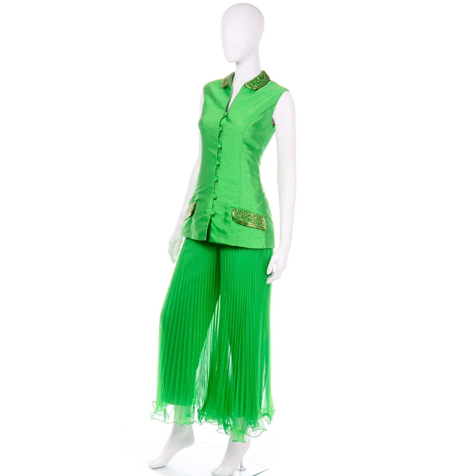 Jack Bryan by Dupuis Vintage Green Sleeveless Beaded Jacket & Pleated Palazzo Pants