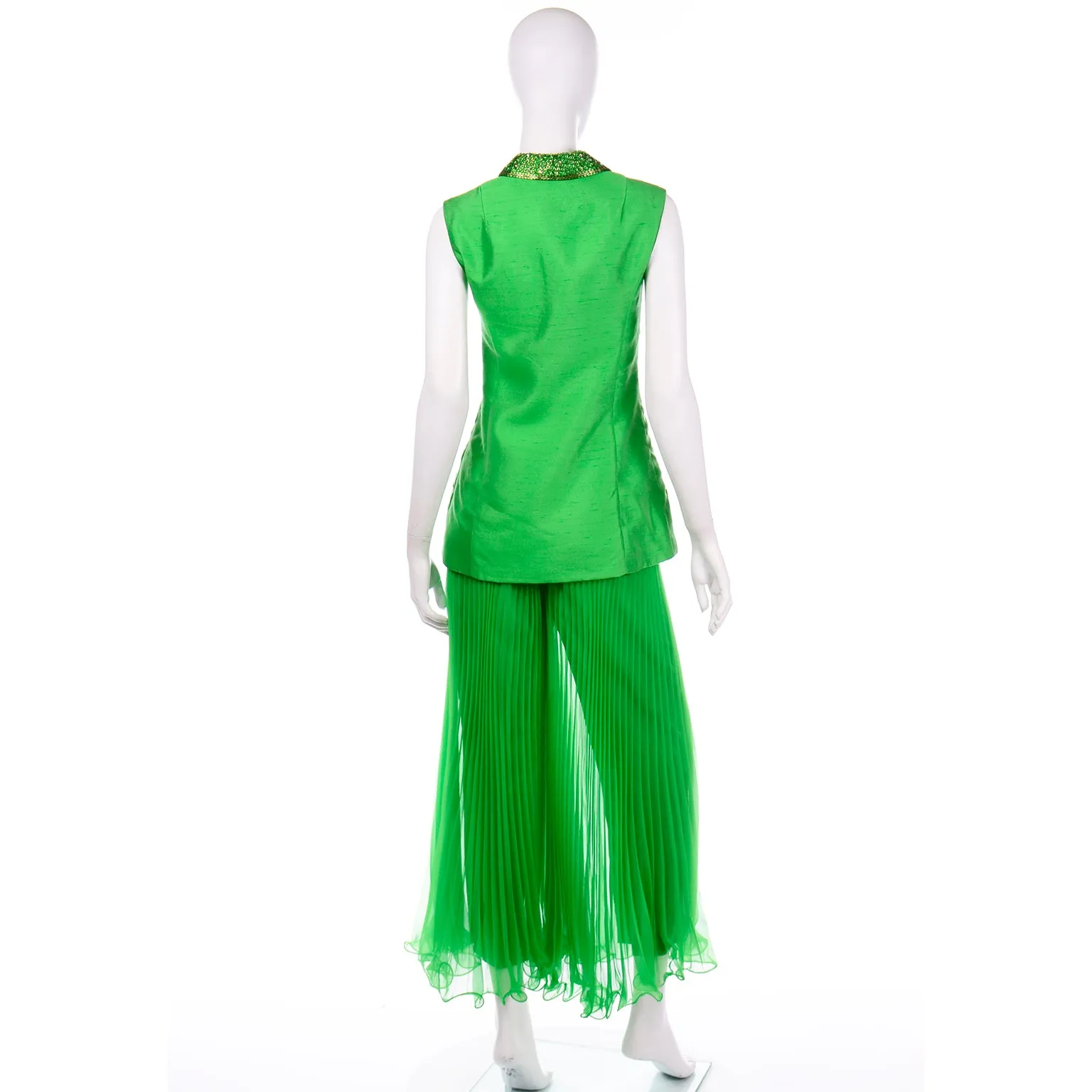 Jack Bryan by Dupuis Vintage Green Sleeveless Beaded Jacket & Pleated Palazzo Pants
