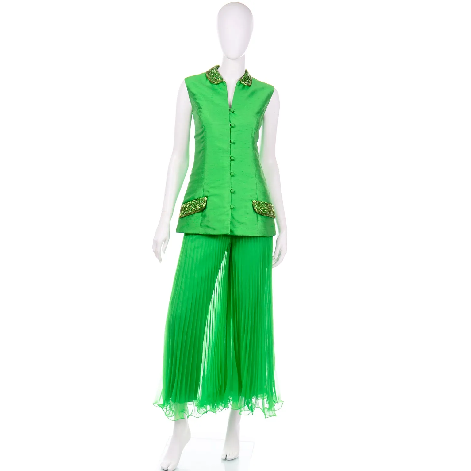 Jack Bryan by Dupuis Vintage Green Sleeveless Beaded Jacket & Pleated Palazzo Pants