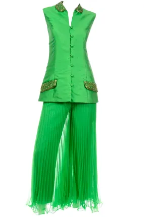 Jack Bryan by Dupuis Vintage Green Sleeveless Beaded Jacket & Pleated Palazzo Pants