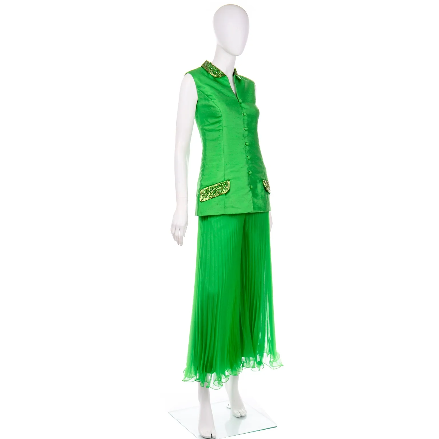 Jack Bryan by Dupuis Vintage Green Sleeveless Beaded Jacket & Pleated Palazzo Pants